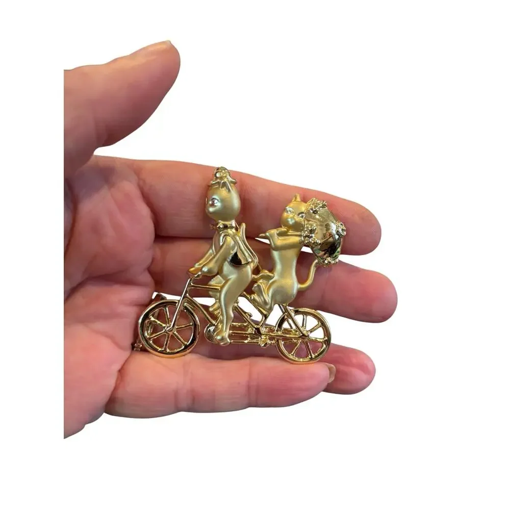 Whimsical Cat Tandem Bicycle Brooch Gold Tone Kitty Couple Vintage Figural Pin
